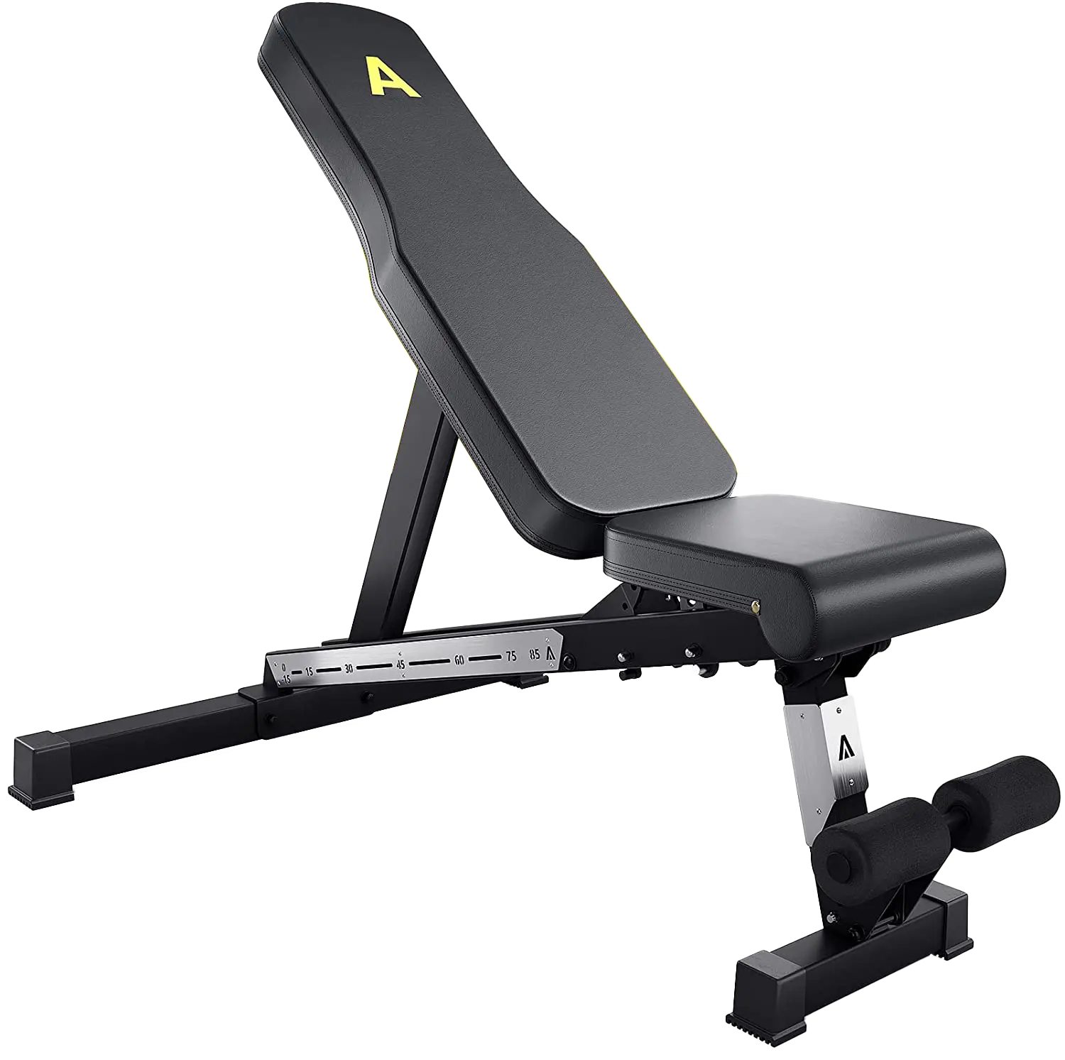 The AboveGenius Adjustable Bench has a synthetic leather seat and backrest in black with a neon yellow logo on the backrest, the backrest is in a neutral 45 deg. Three quarters of the background is white with the second quarter from the top featuring a horizontal neon yellow strip.