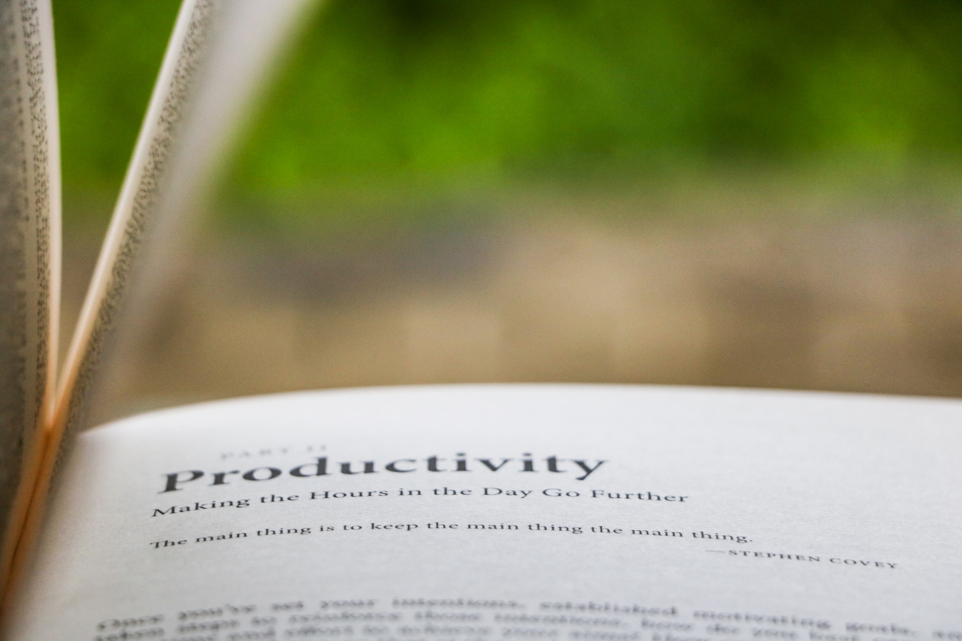 book opened on a page that display the title 'Productivity'